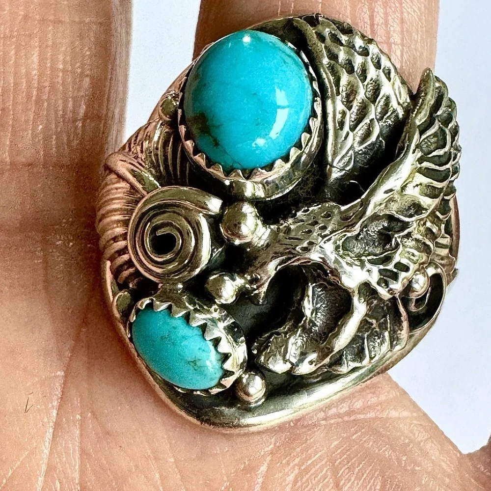 Navajo Eagle Mens Ring Turquoise Sz 14 Signed DM Sterling Native American USA